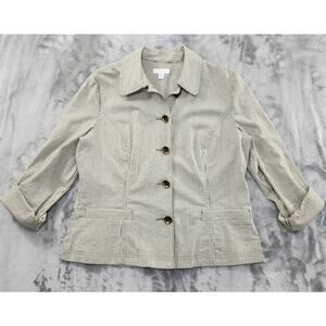 Charter Club Striped Button Front Blazer Jacket Size PM Green Roll Tab Sleeves